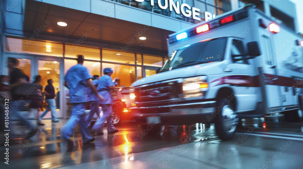 Obraz premium A group of people are walking away from an ambulance