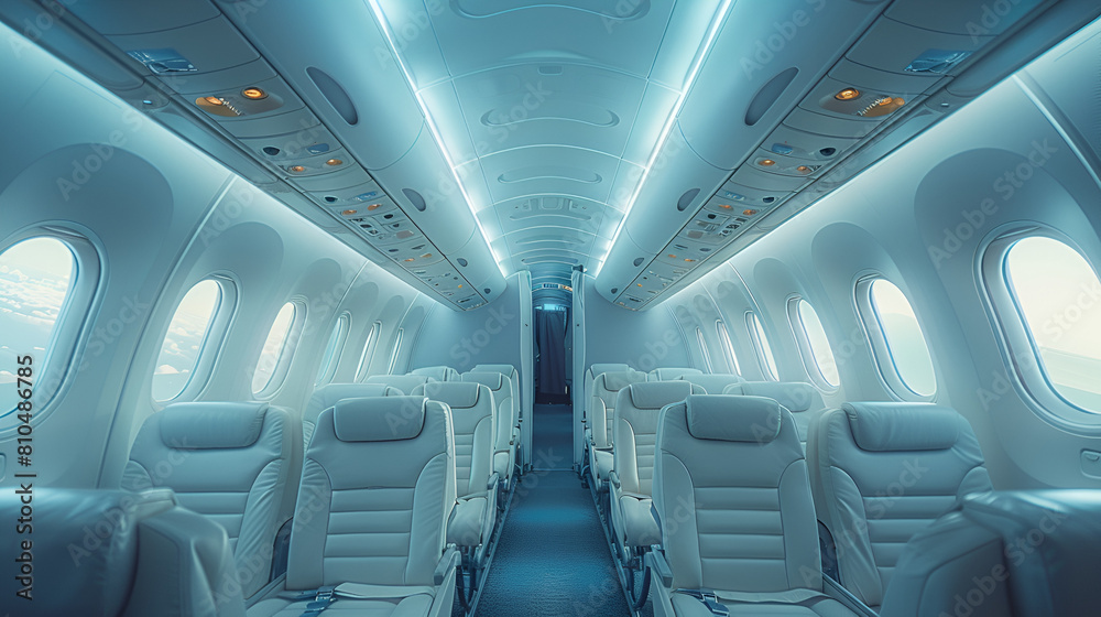 interior of a passenger train,
The airplane is filled with white seats and the 