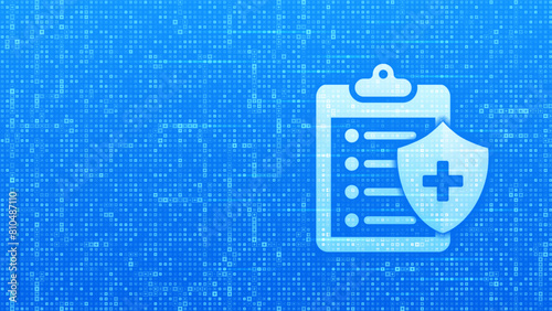 Medical report. Health insurance sign. Medical Insurance Icon. Hospital diagnostic document. Patient diagnosis record. Blue medical background made with cross shape symbol. Vector illustration.