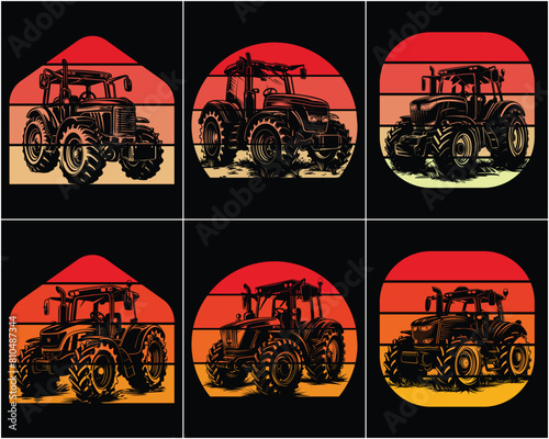Tractor silhouette in the style of vector black monochrome tractor retro vintage sunset bundle