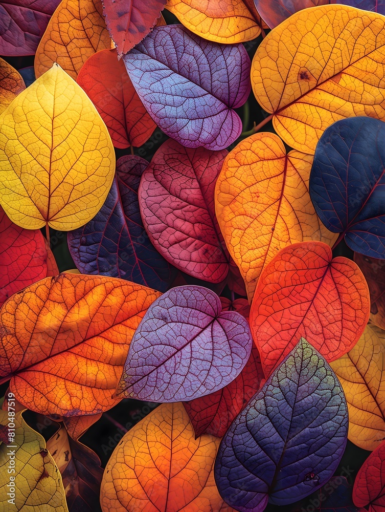Falling leaves in rainbow colors, flat lay, background, fall