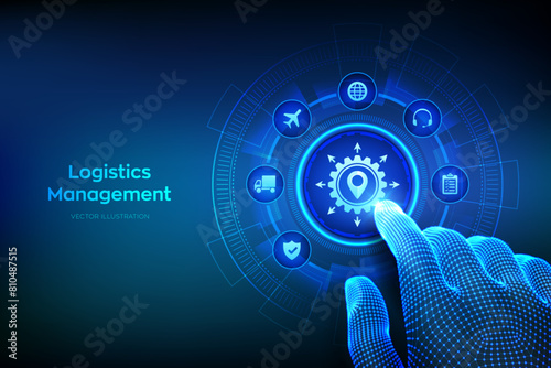 Logistics management concept. Smart logistics and transportation. Logistic global network distribution. Business of transport industrial. Wireframe hand touching digital interface. Vector illustration photo