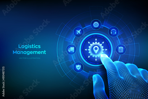 Logistics management concept. Smart logistics and transportation. Logistic global network distribution. Business of transport industrial. Wireframe hand touching digital interface. Vector illustration