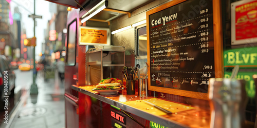 Fototapeta Naklejka Na Ścianę i Meble -  Food Truck Chef's Desk in New York: A small, mobile desk on a food truck, displaying a menu and kitchen tools, depicting the vibrant street food scene in New York City