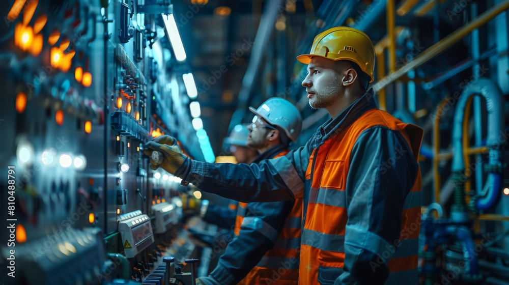 Two male engineers in safety gear checking and operating heavy machinery in an industrial setting.