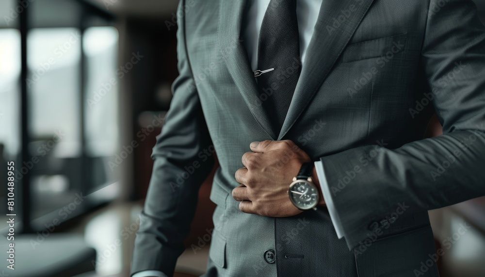 Fototapeta premium Generate an image of a business innovator in a light grey suit, torso visible, drafting plans on an augmented reality interface