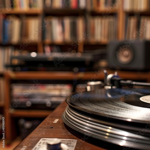 A closeup photo of a vinyl record on a turntable, with a blurred record collection and vintage stereo system in the background