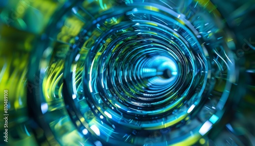 A crosssection view of a blue and green spiral tunnel, revealing its inner workings and depth Include dedicated copy space next to the crosssection photo
