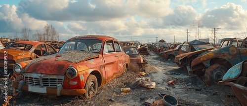 Vintage Cars Abandoned in Rustic Junkyard photo