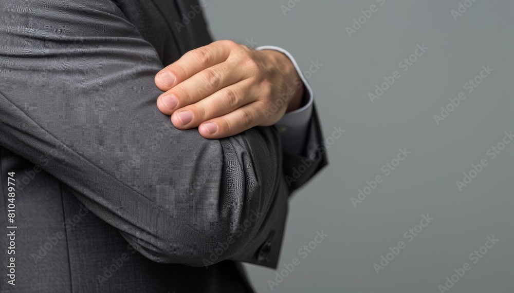 Design an image of a strategic male CEO, wearing a charcoal suit, torso in view, with a hand comfortably on his arm