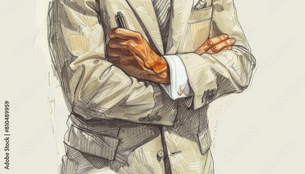 Design an image of a man in a CEO role, wearing a charcoal grey suit, torso in view, with one hand resting on the other arm Design an image of a man in a CEO role, wearing a charcoal grey suit, torso in view, with one hand resting on the other arm