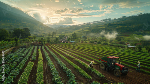 Beautiful sunrise over a lush green farming landscape with workers and a tractor.
