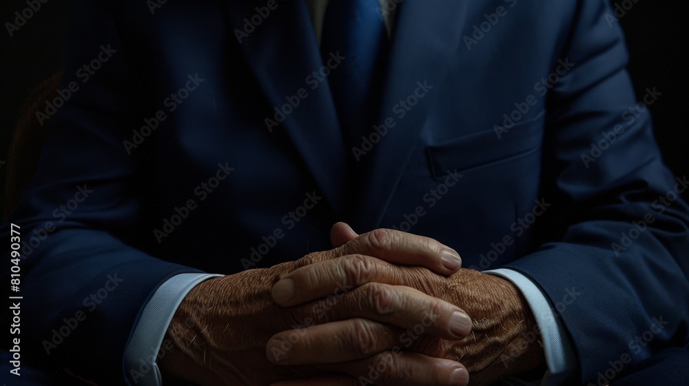Design an image of a male corporate leader, wearing a navy blue suit, torso in view, with hands clasped reflecting deep focus