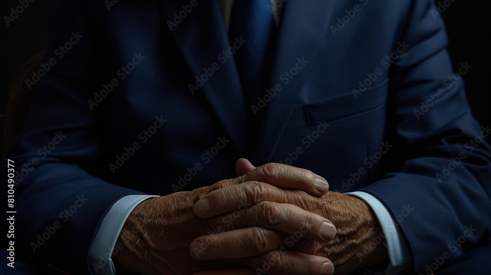 Design an image of a male corporate leader, wearing a navy blue suit, torso in view, with hands clasped reflecting deep focus Design an image of a male corporate leader, wearing a navy blue suit, torso in view, with hands clasped reflecting deep focus