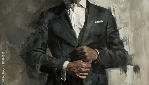 Depict a male leader in a charcoal suit, torso visible, with one hand confidently placed on his arm