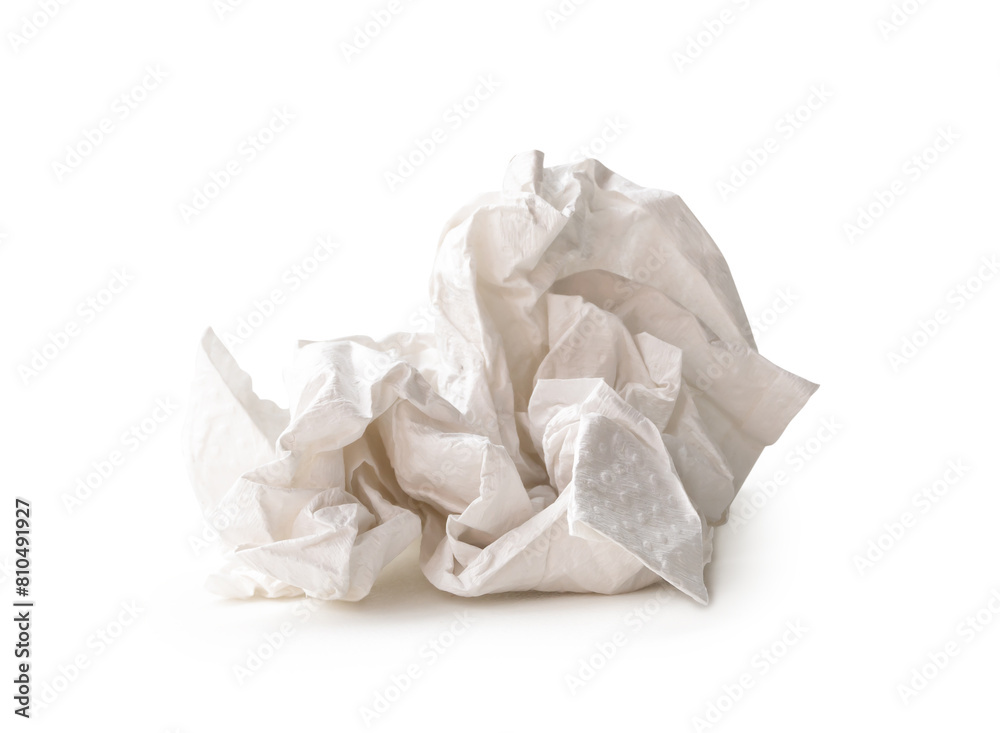 Front view of screwed or crumpled tissue paper ball after use in toilet or restroom isolated on white background with clipping path Front view of screwed or crumpled tissue paper ball after use in toilet or restroom isolated on white background with clipping path