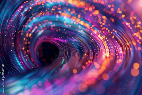 A macro shot of intertwined fiber optic cables, their vibrant colors swirling and morphing like a digital vortex leading to a cloud formed from data clusters photo