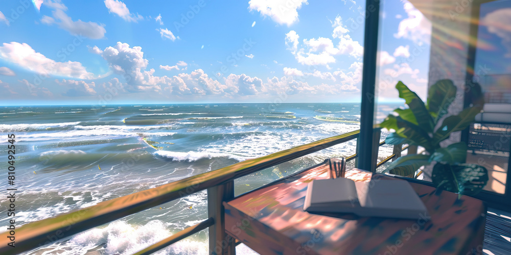 Fototapeta premium South Padre Island Serenity: A breezy desk on a seaside balcony overlooking the Gulf of Mexico, with the soft sound of waves crashing nearby.