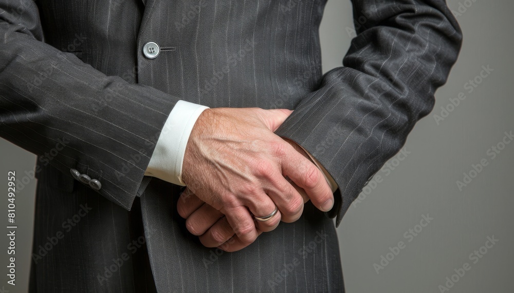 Create an image of a male CEO in a charcoal grey suit, torso visible, with one hand resting assuredly on his forearm