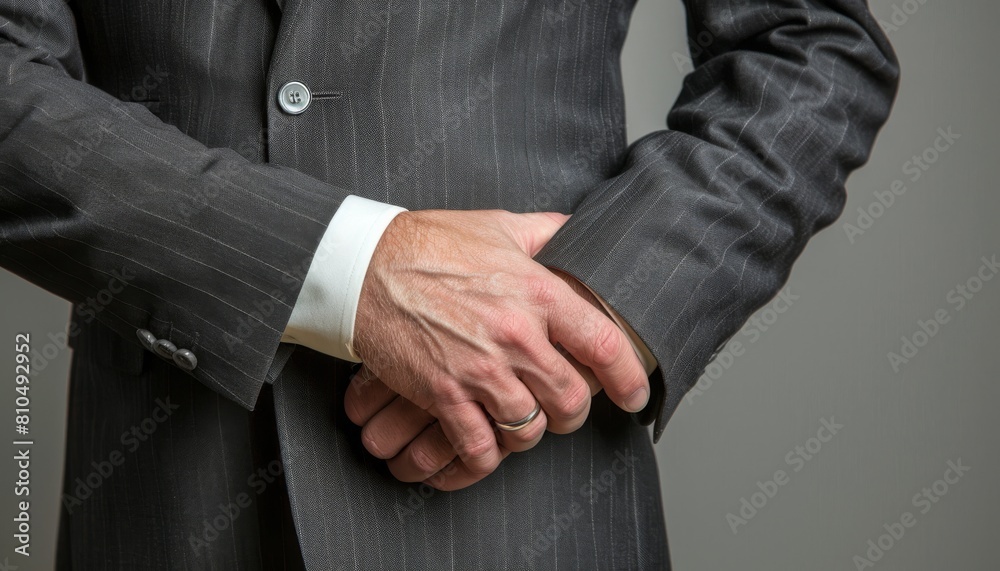 Obraz premium Create an image of a male CEO in a charcoal grey suit, torso visible, with one hand resting assuredly on his forearm