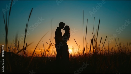 silhouette of romantic couple stand hugging on meadow at the sunset time