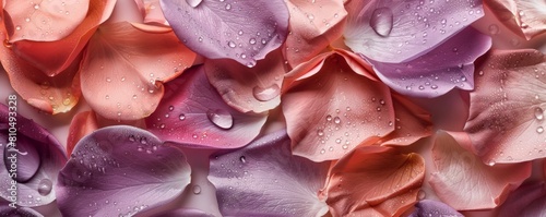 A photorealistic closeup of multiple rose petals in various shades of pink and purple