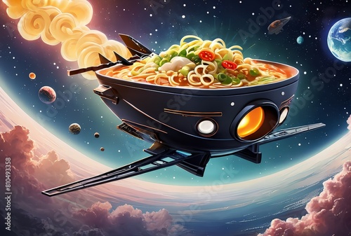 fantasy spaceship in a form of Ramen Japan food, flying through the space photo