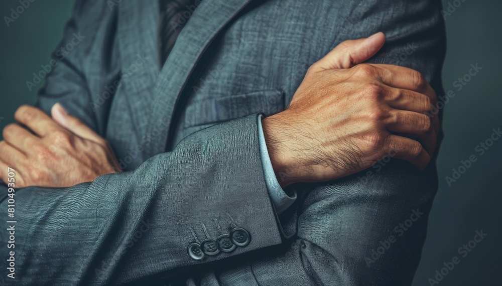 Craft an image of a male CEO in a charcoal grey business suit, visible from the torso up, placing one hand on the other arm