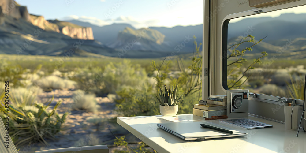 Fototapeta premium Big Bend Beauty: A minimalist desk set up in a serene, modern camper at Big Bend National Park, overlooking the stunning Chihuahuan Desert landscape