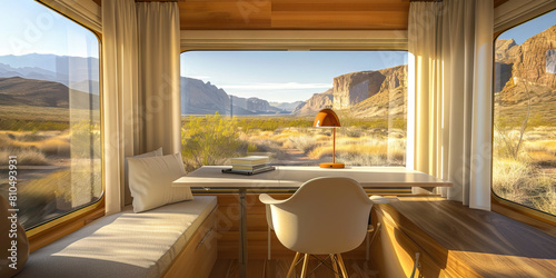 Big Bend Beauty: A minimalist desk set up in a serene, modern camper at Big Bend National Park, overlooking the stunning Chihuahuan Desert landscape