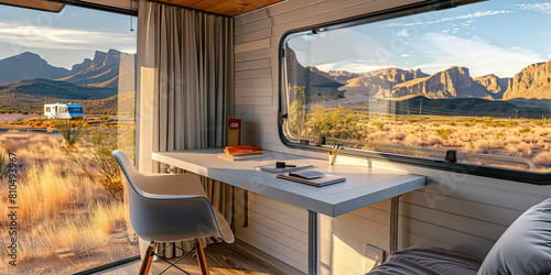Big Bend Beauty: A minimalist desk set up in a serene, modern camper at Big Bend National Park, overlooking the stunning Chihuahuan Desert landscape