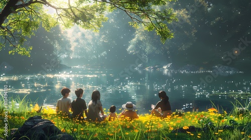 Parents and children sitting in a circle, sharing sandwiches and fruit while enjoying a sunny day by the lakeside. The sparkling water reflects their happiness as they bond over snacks and stories