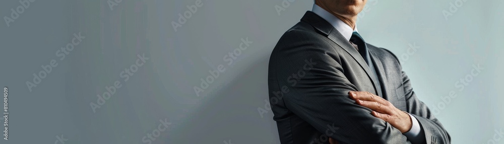 Construct an image of a male CEO wearing a formal charcoal grey suit, torso visible, with one hand resting on his other arm Construct an image of a male CEO wearing a formal charcoal grey suit, torso visible, with one hand resting on his other arm