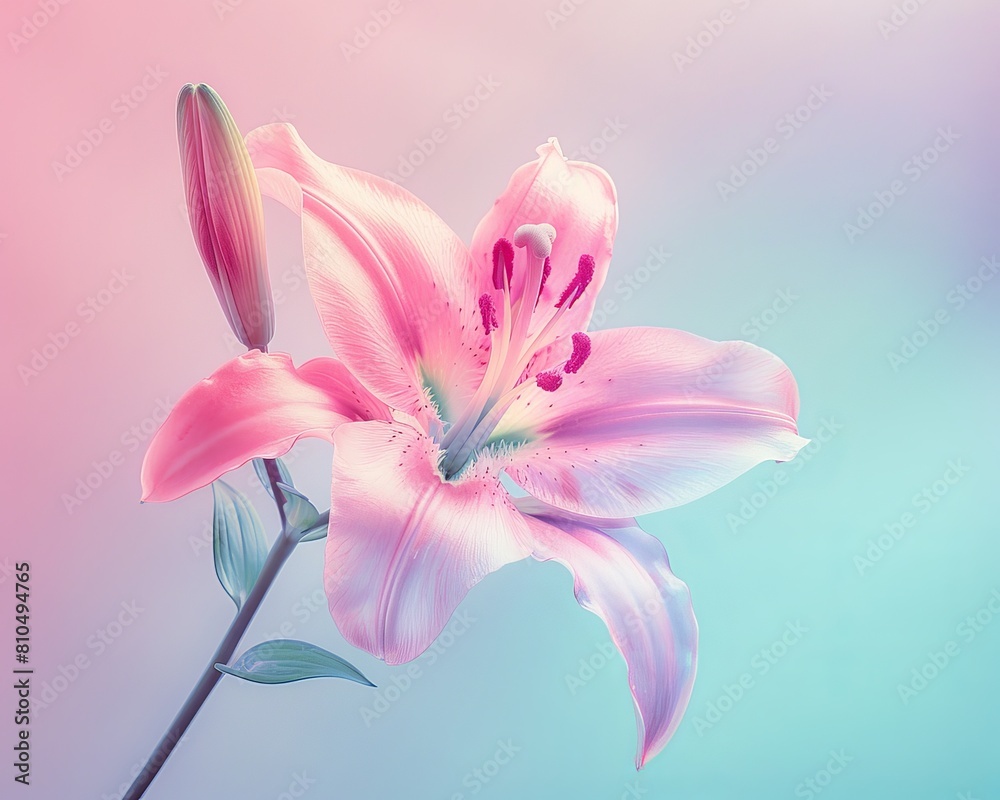 A single pink lily in full bloom, captured with a vintage lens effect, against a gradient background of rose pink and baby blue Ensure clear copy space in the center A single pink lily in full bloom, captured with a vintage lens effect, against a gradient background of rose pink and baby blue Ensure clear copy space in the center