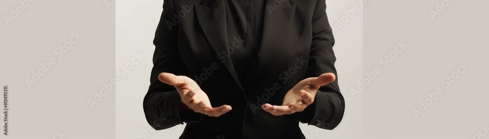 Construct an image of a female CEO wearing a formal black suit, torso visible, with hands gesturing openly Construct an image of a female CEO wearing a formal black suit, torso visible, with hands gesturing openly