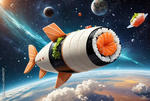 fantasy spaceship in a form of Sushi japan food, flying through the space