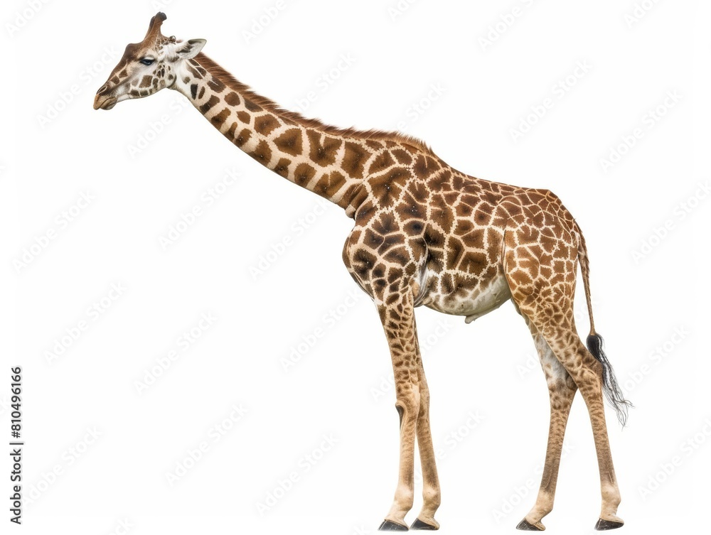 Giraffe Giraffe captured from the side, focusing on its long neck and distinctive patterned coat, isolated on white background.