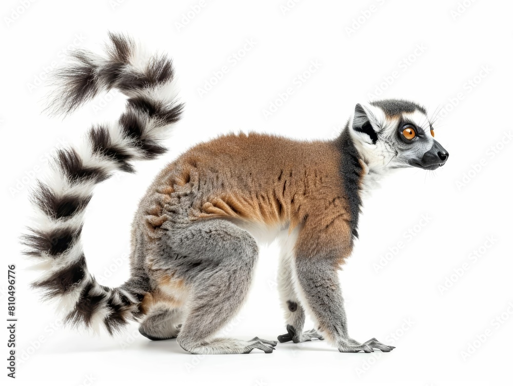 Lemur Lemur with its tail raised, side view to show its expressive eyes and long, banded tail, isolated on white background.
