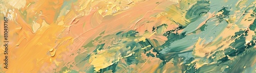 An abstract impressionist background in trendy millennial hues of dusty rose, sage green, and mustard yellow, featuring swirling brushstrokes and textured canvas photo