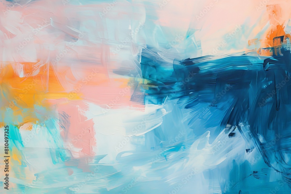 Depict the calming energy of a spring sunrise over the ocean with an abstract composition of soft blues, pinks, and oranges, rendered in loose brushstrokes Depict the calming energy of a spring sunrise over the ocean with an abstract composition of soft blues, pinks, and oranges, rendered in loose brushstrokes