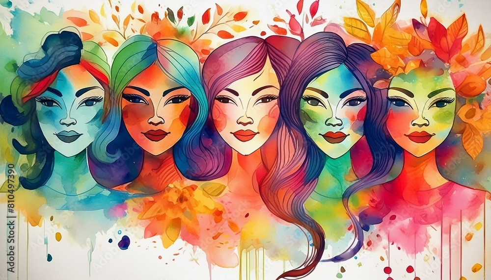 Obraz premium Colorful watercolor illustration of a group of women. AI generated.