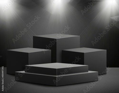 Black podium stage empty cube background spotlight 3d pedestal space stand of blank product display show object platform or dark presentation scene abstract light luxury showcase template backdrop.