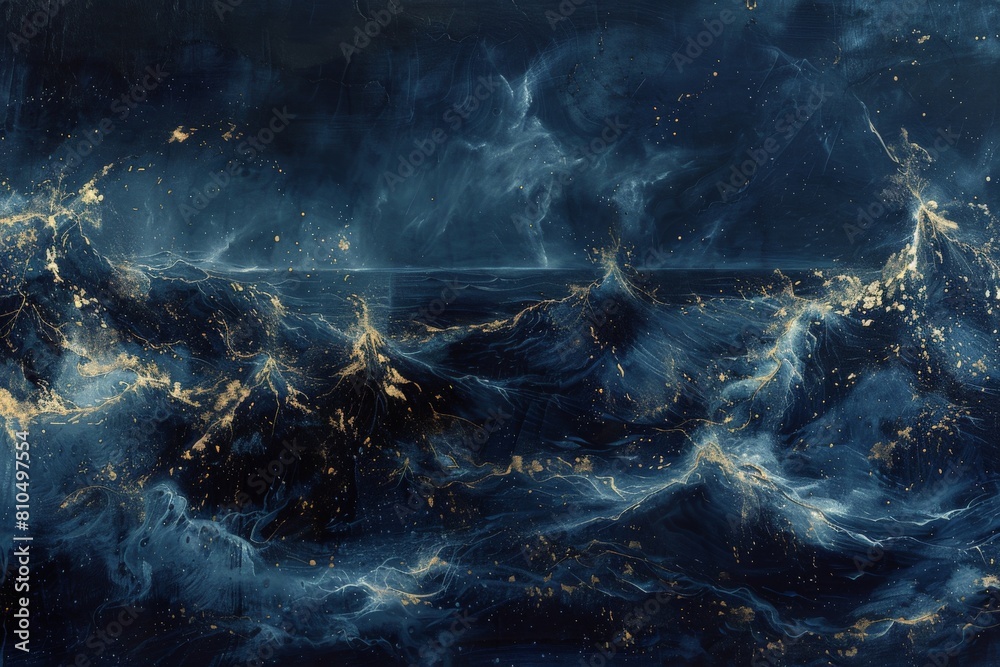 Imagine a powerful storm at sea, translated into an abstract artwork with deep navy blues and flashes of gold, representing crashing waves and bolts of lightning Imagine a powerful storm at sea, translated into an abstract artwork with deep navy blues and flashes of gold, representing crashing waves and bolts of lightning