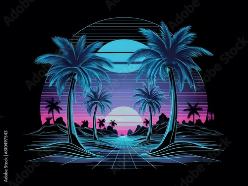 Neon blue palm trees in futuristic landscape with synthwave sunset