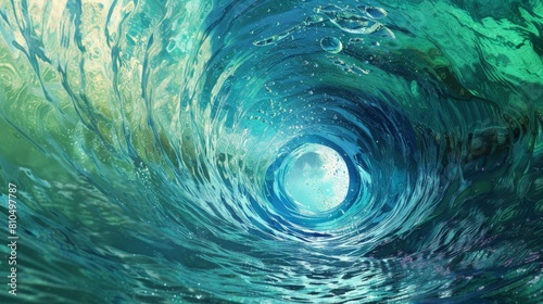 A blue and green spiral tunnel leading down into a crystalclear ocean, with sunlight filtering through the water Maintain clear copy space above the opening photo