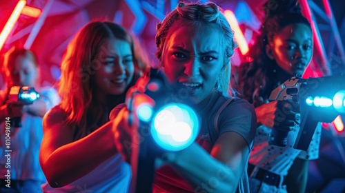 friends having fun at laser tag, shooting each other with their guns in an indoor setting illuminated by neon lights. The scene is vibrant and dynamic. copy space for text.