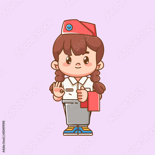Cute girl waiter serve customer kawaii chibi character mascot illustration outline style design