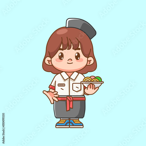 Cute girl waiter serve noodle kawaii chibi character mascot illustration outline style design