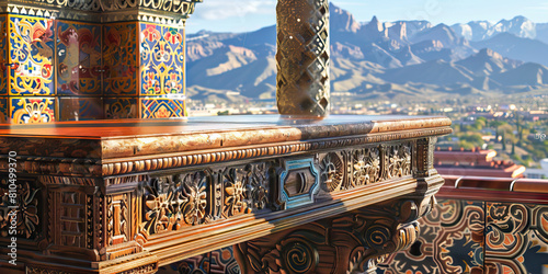 El Paso Elegance: A traditional Mexican-inspired desk with intricate carvings and tile work, set against a stunning view of the Franklin Mountains in El Paso.  photo