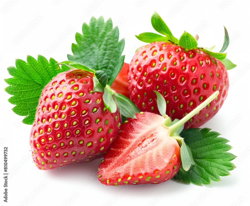 strawberries with green leaves on a white background strawberries with green leaves on a white background